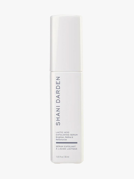 A square, white bottle of the Shani Darden Lactic Acid Exfoliating Serum on a white background